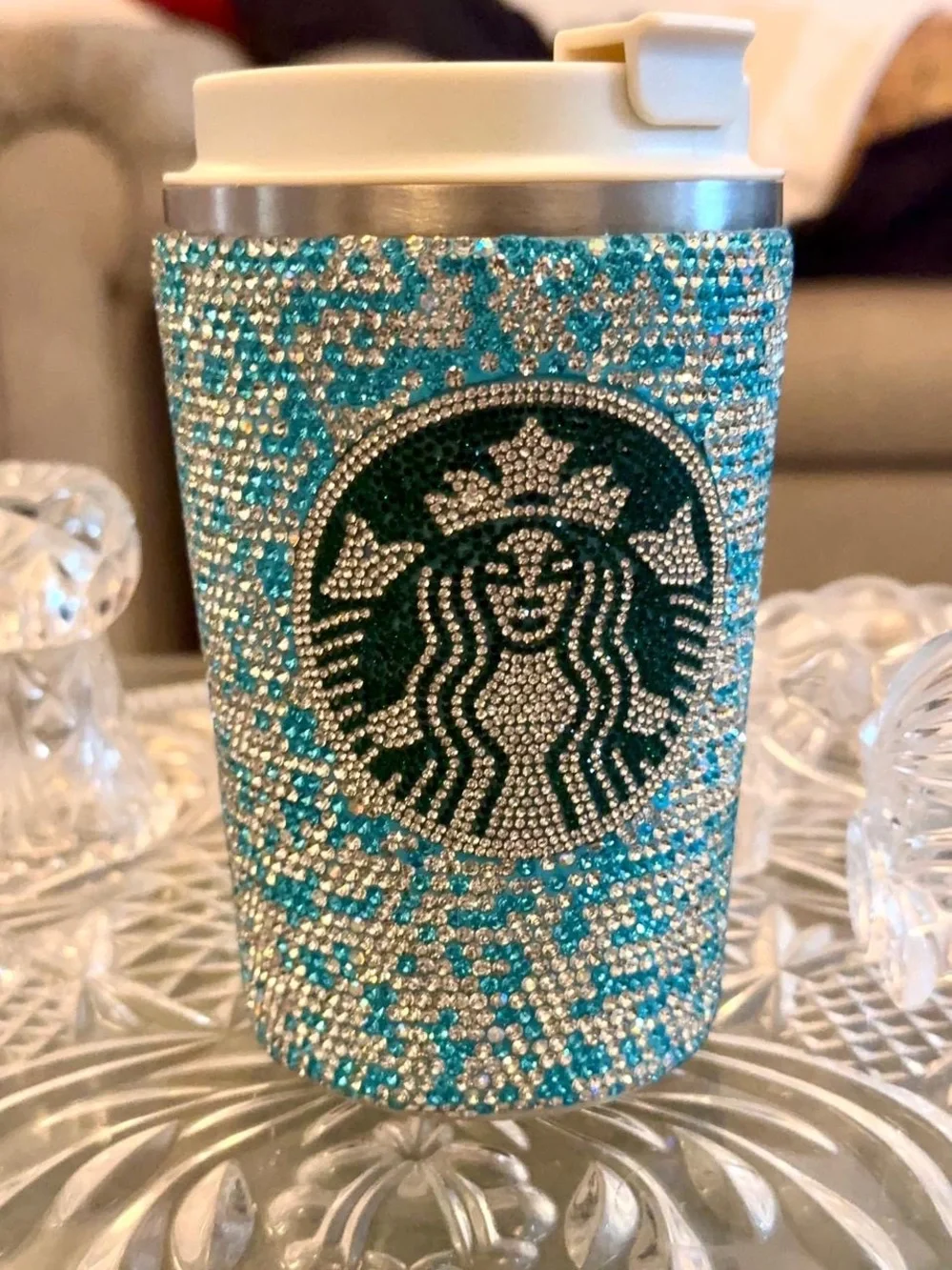 BeautTurquoise& Silver Rhinestone Bling Blue White TemperatureCheck Tumbler